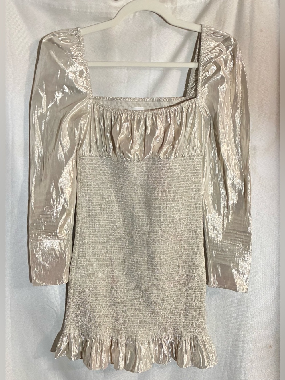 Wilfred Smocked Mini Dress S Gold Trendy Puff Sleeve Clubwear Party Prom